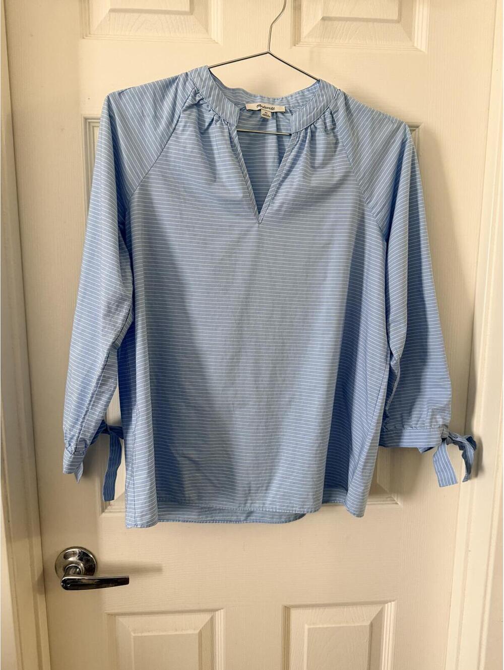 Madewell Light Blue Striped Blouse with Tie Sleeves XS